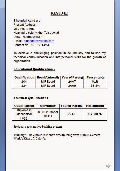 Latest resume format for mechanical engg freshers